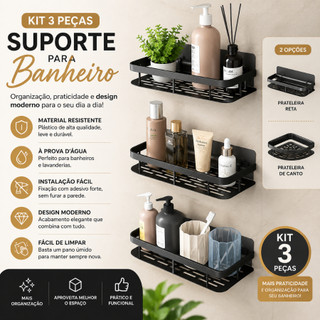 Conjunto 3 Peça Suporte de Canto e Reta Porta Shampoo Prateleira P/ Banheiro Organizador …