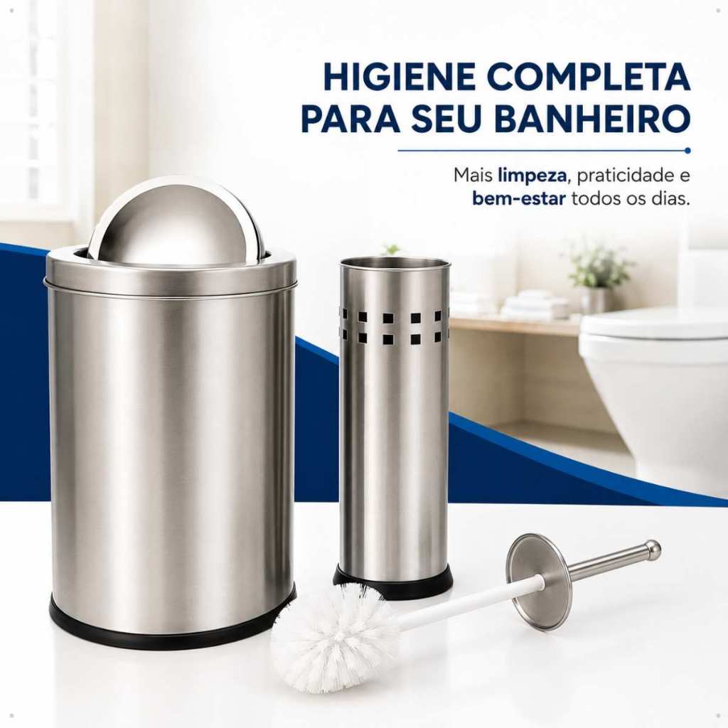 Kit Lixeira Basculante Aço Inoxídável 5L e Escova Sanitária com Suporte para Banheiro Inox Powermaid