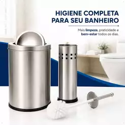 Kit Lixeira Basculante Aço Inoxídável 5L e Escova Sanitária com Suporte para Banheiro Inox Powermaid