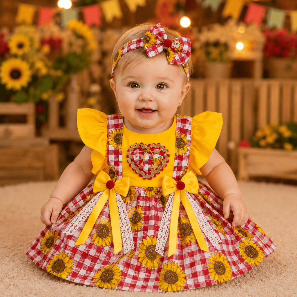 Jardineira Saia Romper Body Bebê Menina Infantil Xadrez Girassol Floral Festa Luxo Mesversário Fofo