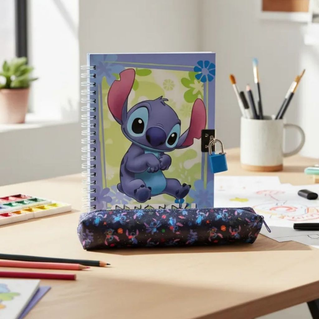 Diário e Estojo Material Escolar Disney Stitch Sereia Crianças Volta as Aulas Infantil