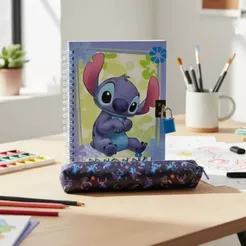 Diário e Estojo Material Escolar Disney Stitch Sereia Crianças Volta as Aulas Infantil