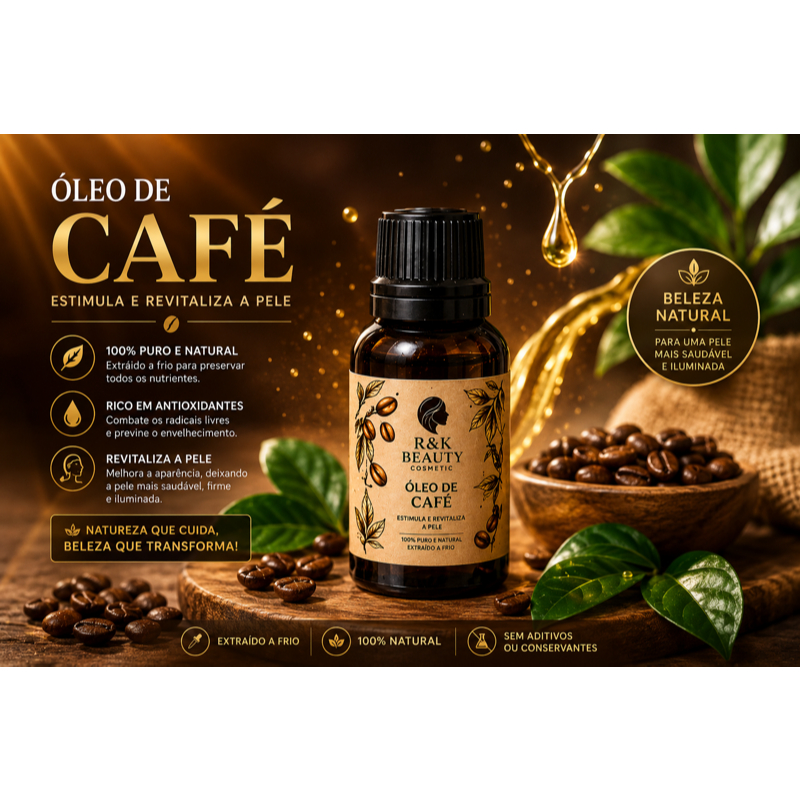 Óleo de Café 100% Natural R&K Beauty 30ml – Revitaliza, Hidrata e Deixa a Pele Mais Radiante