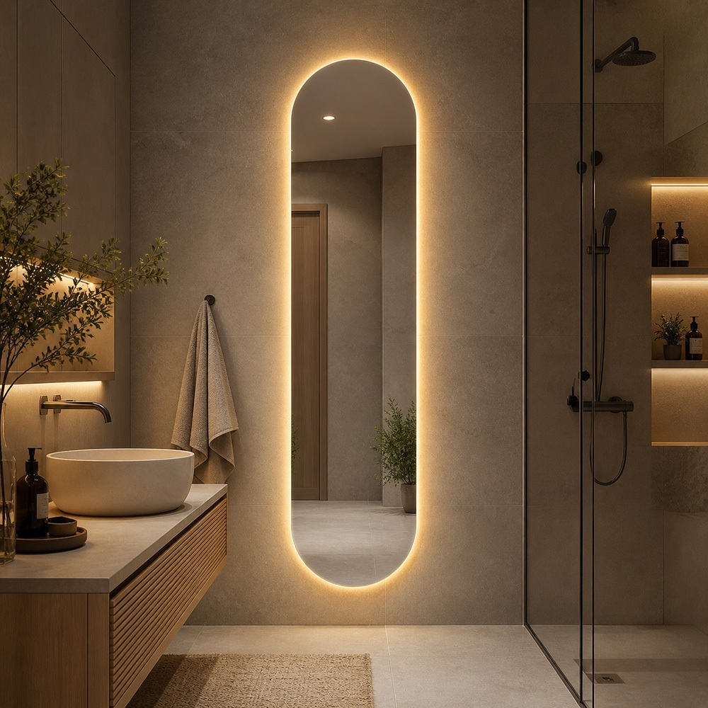 Espelho Orgânico Cápsula 160x55cm com LED Amarelo Decorativo Para Sala Quarto Co