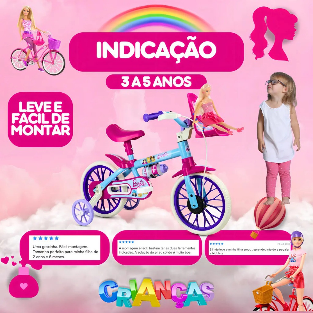 BICICLETA INFANTIL NATHOR BARBIE ARO 12 ROSA COM CESTINHA — imagem 2 de 2