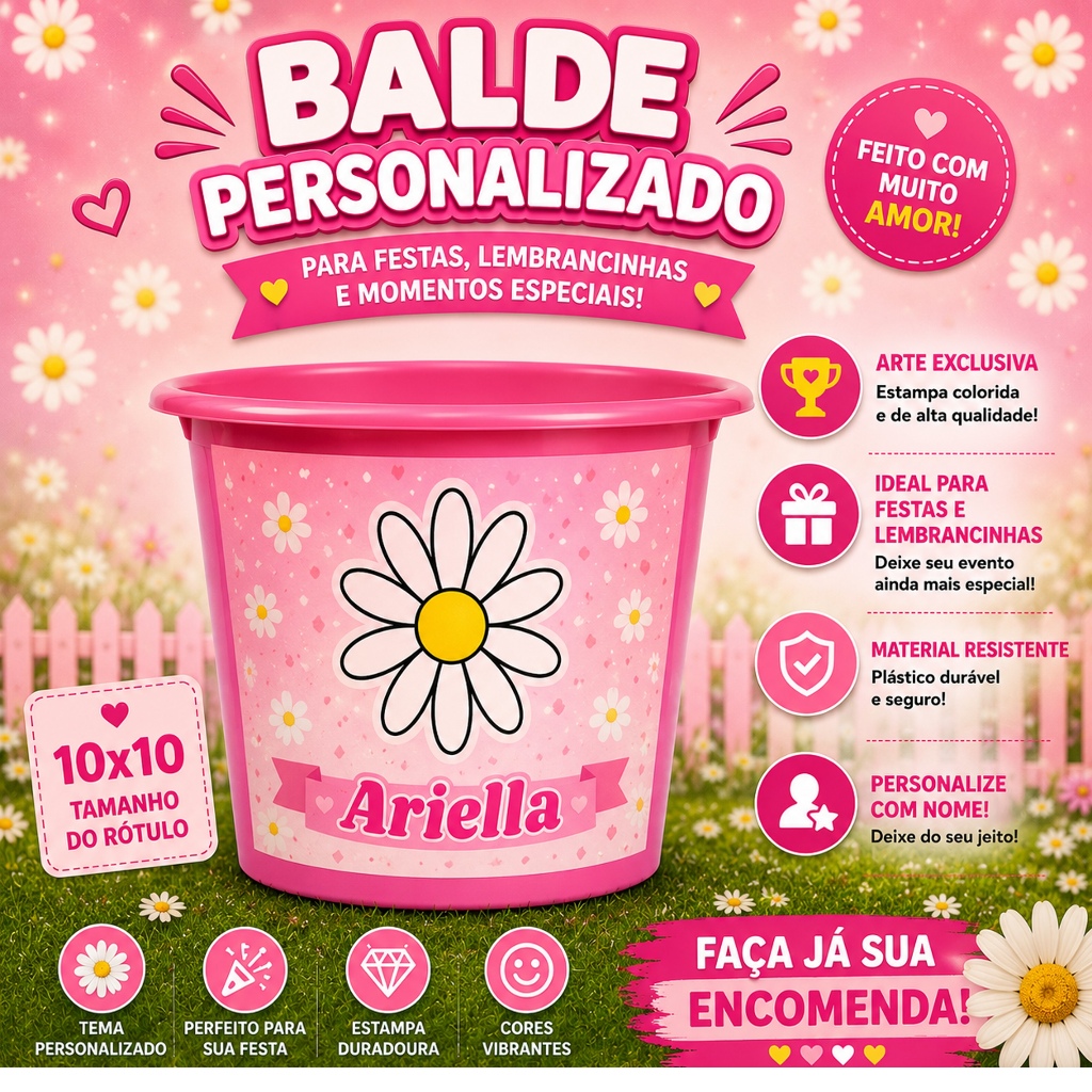 Kit 20 / 40 / 80 Rótulos Adesivo Personalizado para Balde|Copo Long Drik,  Infantil  Aniversário, Lembrancinha Margarida