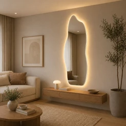 Espelho Orgânico Premium Grande 50x110cm Corpo Inteiro com LED Amarelo Para Sala Quarto Estúdios Lojas