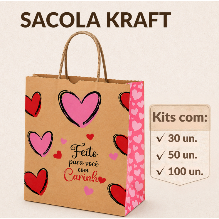 Sacola Kraft Romântica Corações Presente Kit Econômico G  30x13,5x35