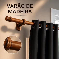 Varão De Madeira + Suporte De Fixação Resistente 2,00m x 19mm Cortina Sala Quarto Envio Imediato