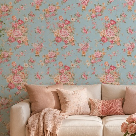 Papel de Parede Adesivo Floral Rosas Vintage Fundo Azul Claro Vinil Adesivo Lavável Premium Elegante