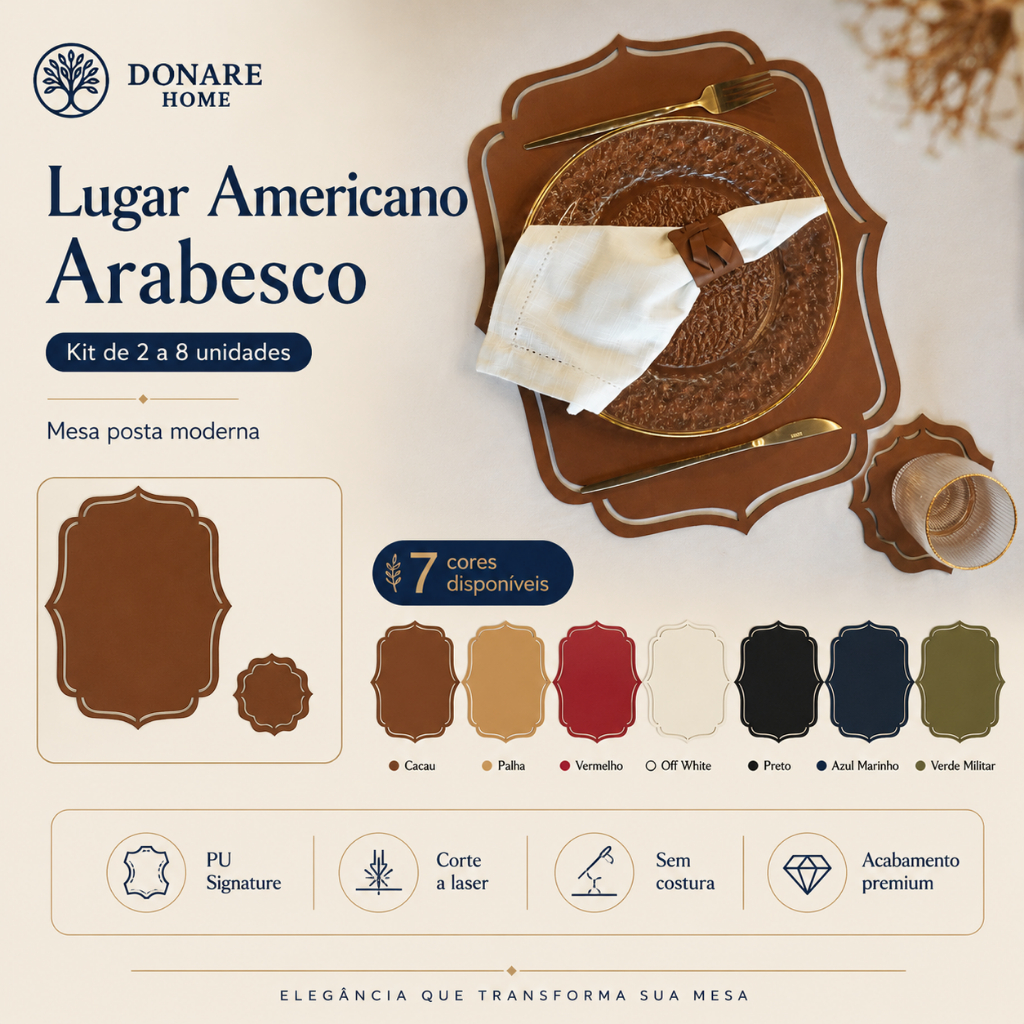 Kit 2 a 8 Uni Jogo Americano Sousplat Arabesco Couro Sintético Sem Costura Mesa Posta Donare Home