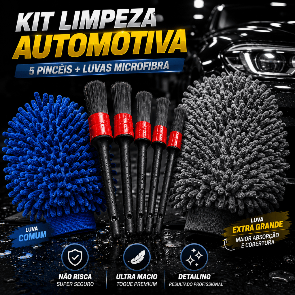 Combo Limpeza Automotiva Pincéis limpeza Automotiva Cinco Tamanhos  + Luva de Lavagem Microfibra