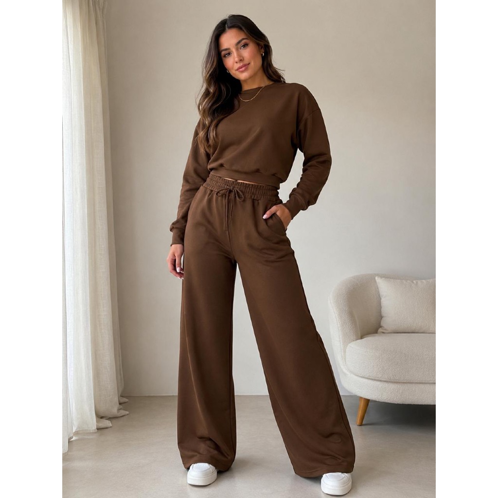 Conjunto Feminino Moletom Moletinho Lindo outono Inverno Tendencia Casual Confortável moda 2026 Blogueira