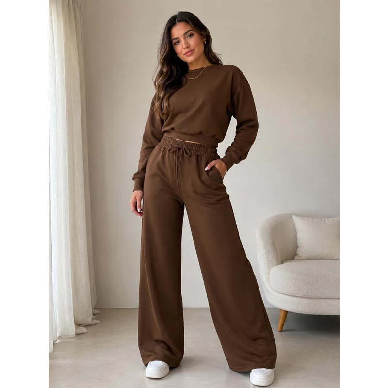 Conjunto Feminino Moletinho WideLeg Outono Pantalona Tendencia CinturaAlta Confortável 2026Blogueira