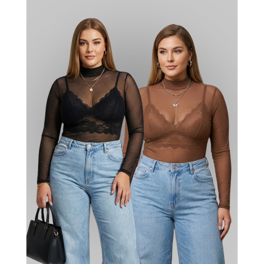 Blusa Segunda Pele Plus Size Tule Transparente Feminina Gola Alta Manga Longa Moda Outono Inverno