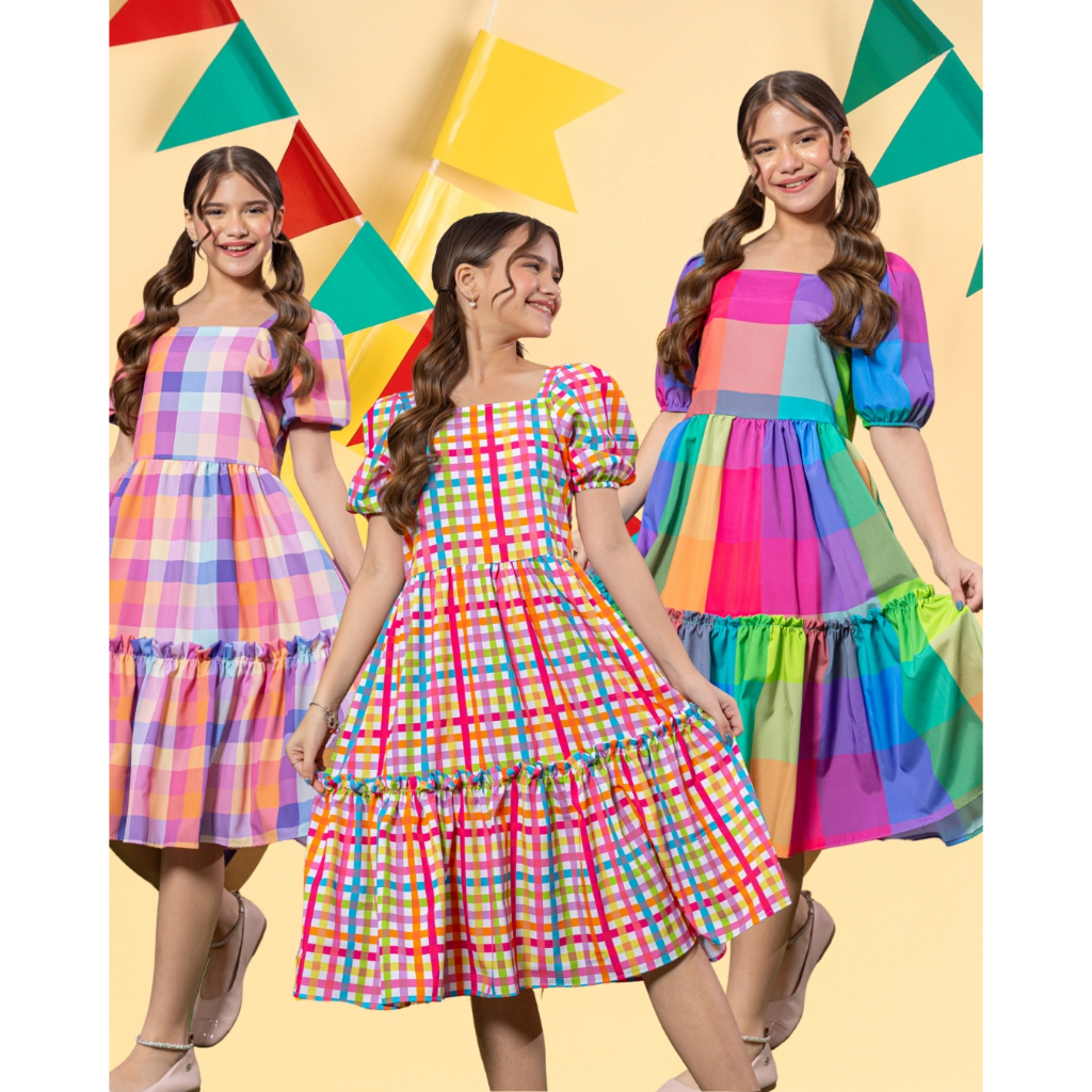 Vestido Lara Xadrez Infantil Juvenil Roupa Menina tam. 4, 6, 8, 10, 12, 14, 16 Festa Junina