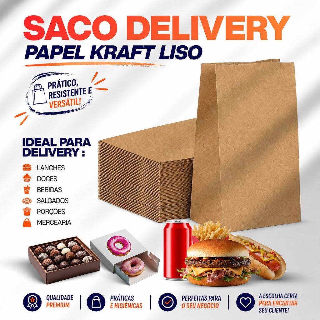 Detalhes do Saco Kraft Delivery Liso M 18x30x10 C/100 uni