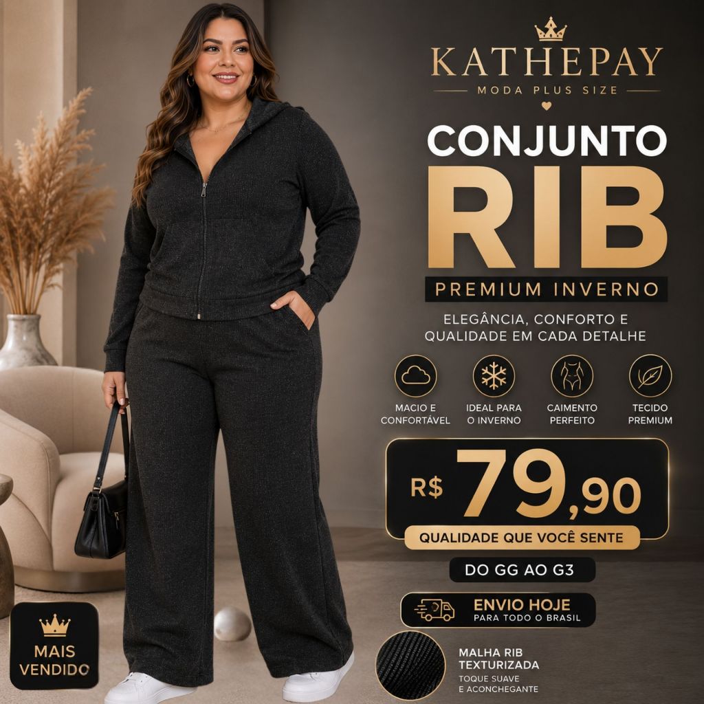 Conjunto Plus Size Feminino Inverno Malha Rib Canelado Comfy Luxo Casual Quentinho GG ao G3
