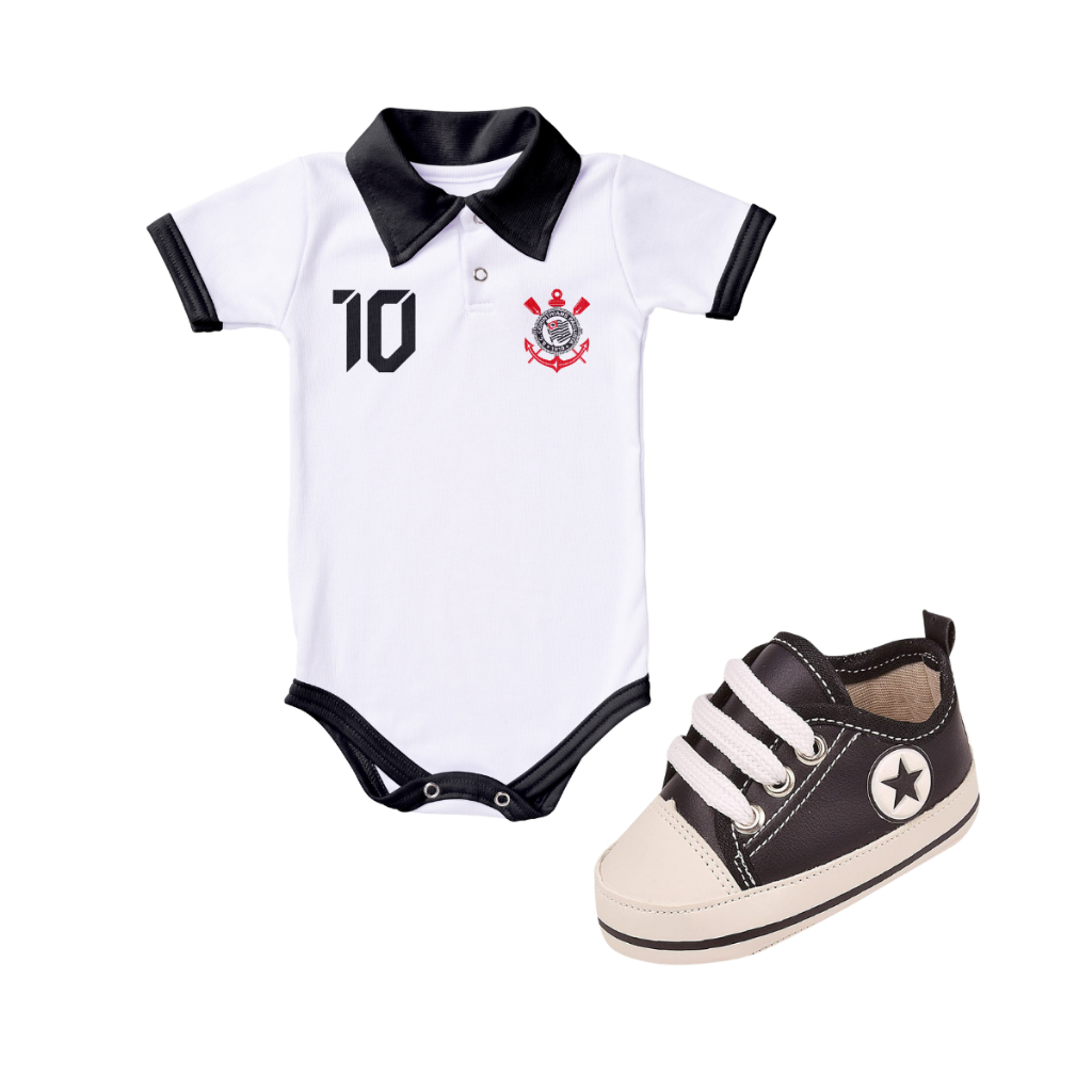Kit 2 Peças Body Corinthians Branco Torcida Baby e Tênis Star Bebe Mania Preto
