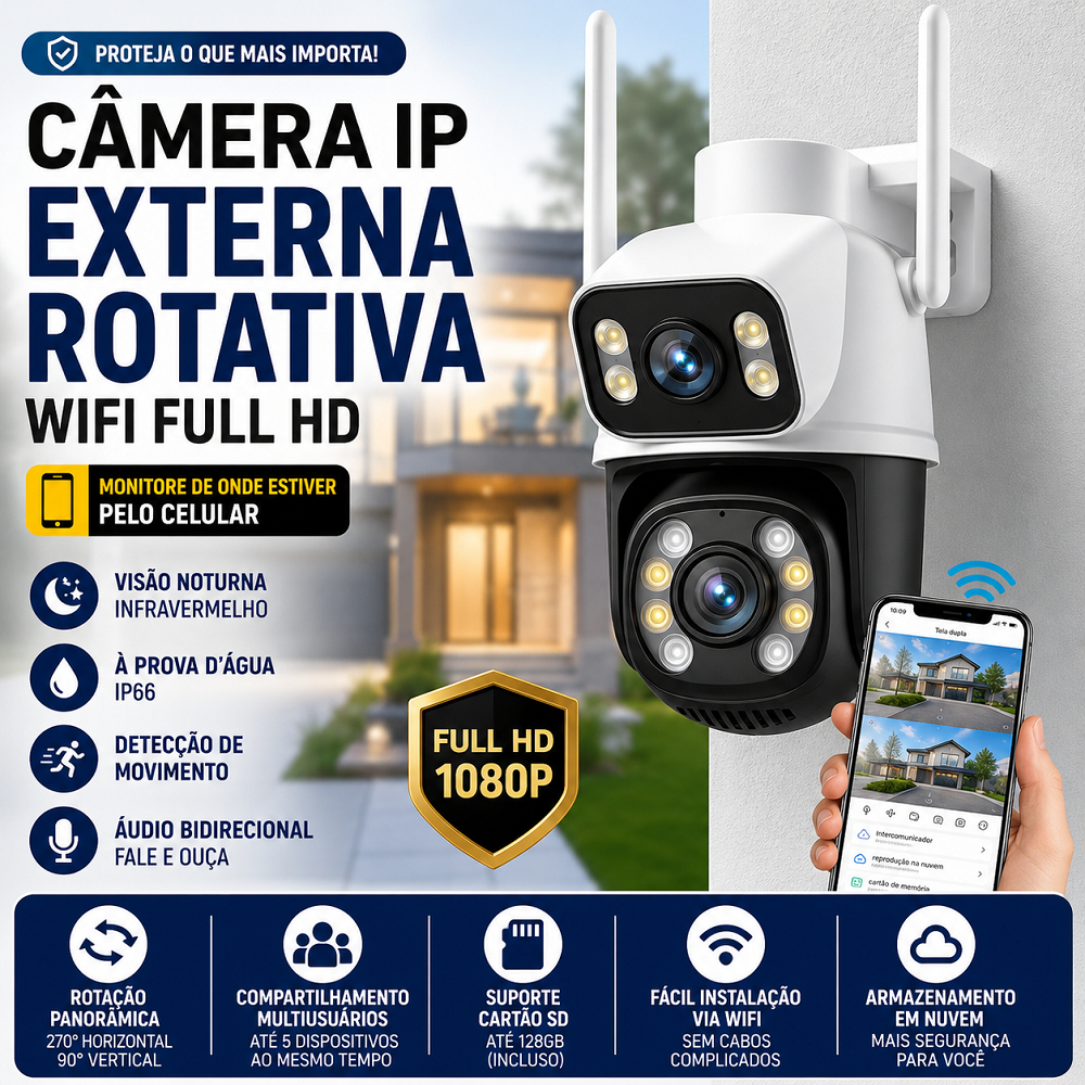 Câmera Segurança WiFi Externa IP Rotativa Full HD Aplicativo ICsee Visão Noturna Prova D'Água Detecção Movimento