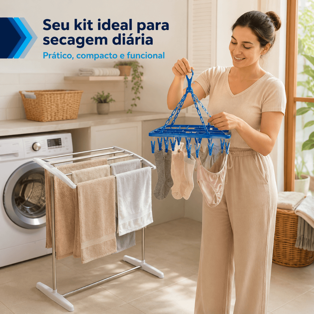 Kit Varal Chão Aço Inoxidável Dobrável + Varal 24 Prendedores Roupas Íntimas Lavanderia Casa Durável