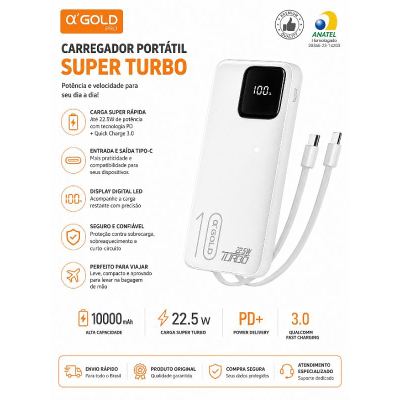 Carregador Portátil 10.000mAh Turbo 22.5W | Power Bank com Cabos Embutidos super turbo