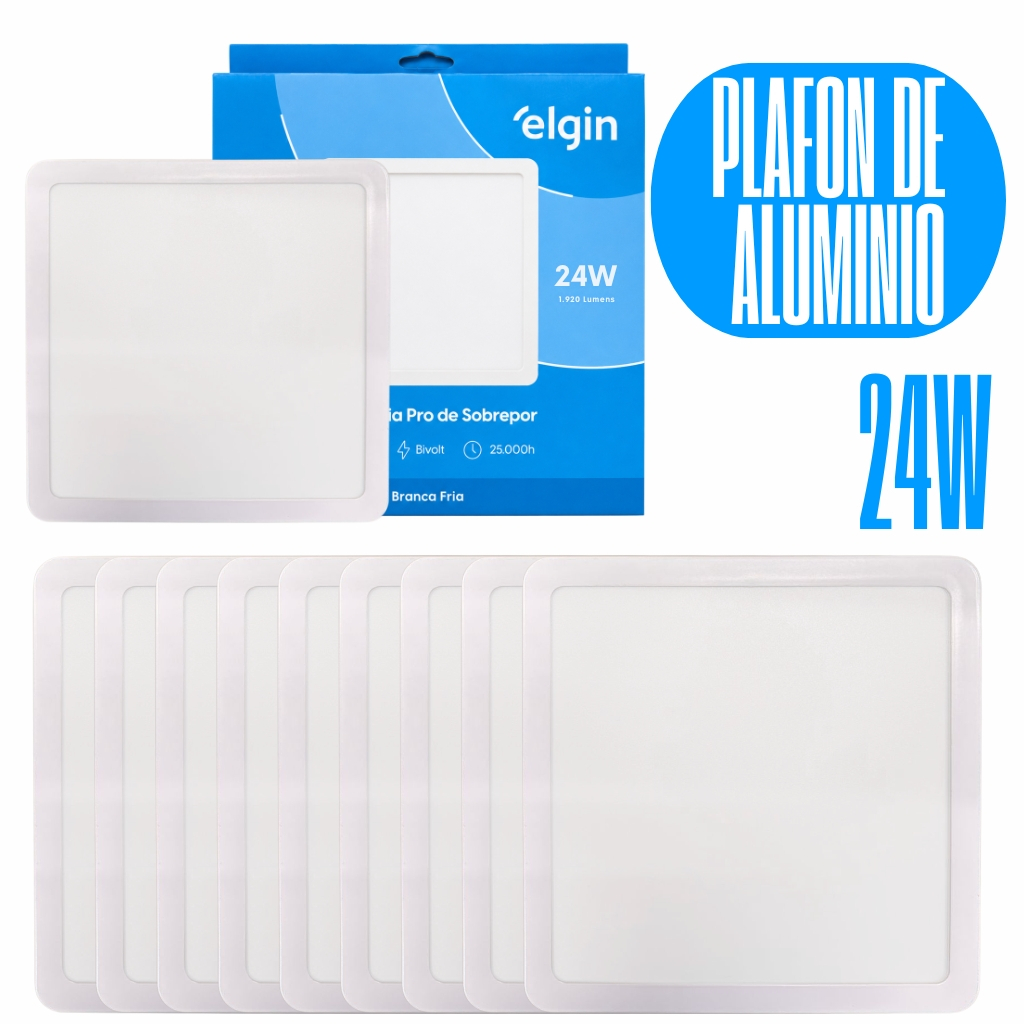 Kit 10 Luminária Painel Plafon Pro ALUMINIO Sobrepor Quadrado Led 24w 28,5x28,5 Bivolt - ELGIN