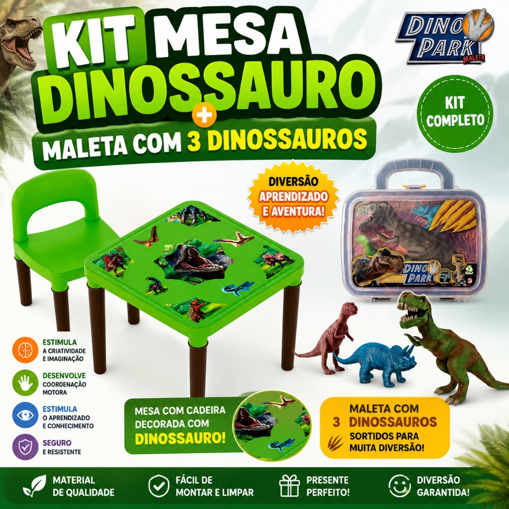 Kit Mesa Infantil Dinossauro C/ Cadeira + Maleta Dino 3 Bonecos Educativo Infantil Espaço Kids