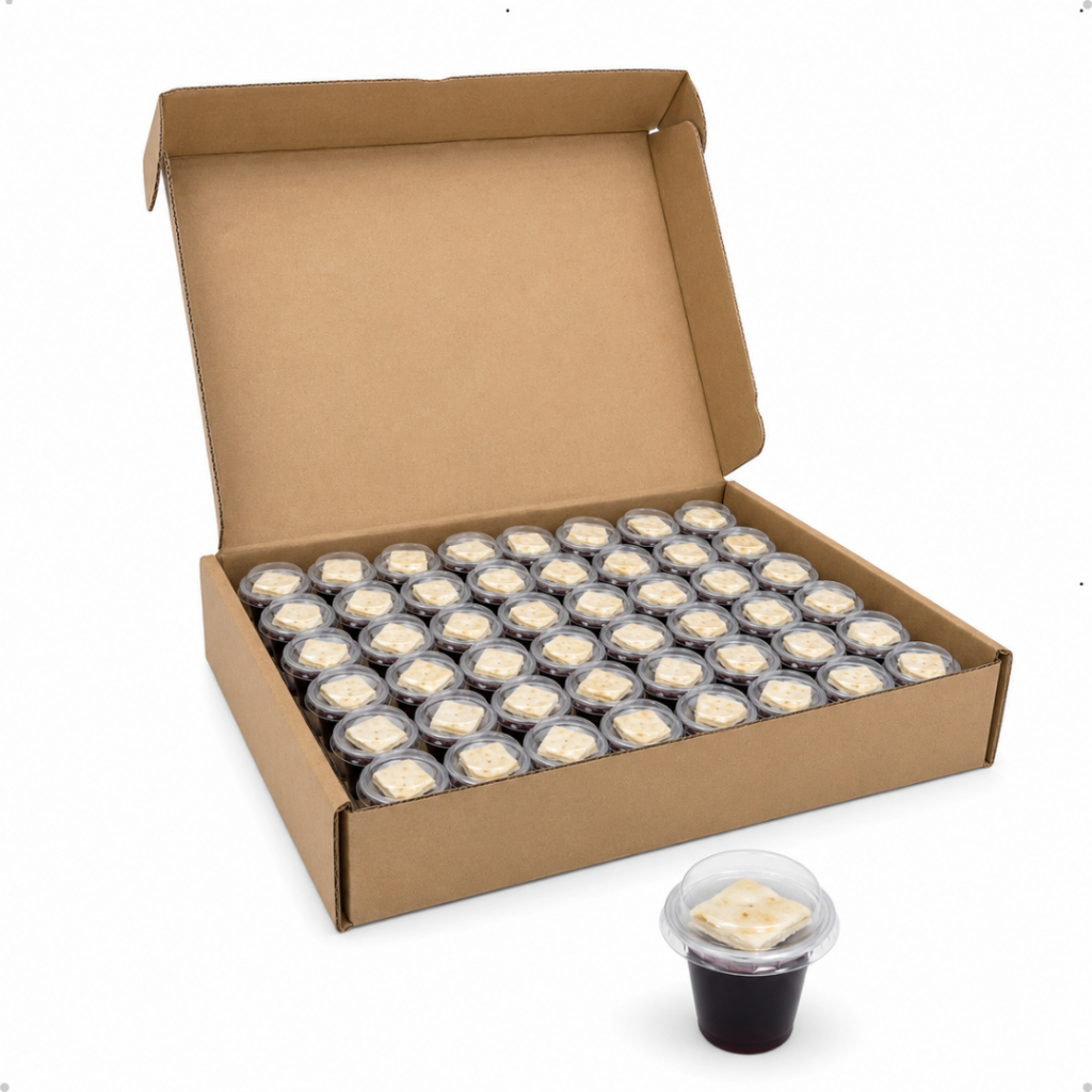 Kit Ceia Cálice Com Suco E Pão Ázimo Para Santa Ceia 48 Unidades
