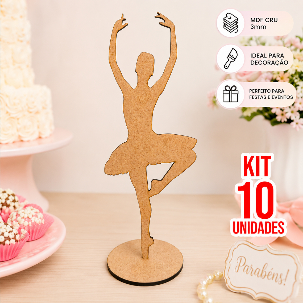 Kit 10 Bailarina MDF Decoração Mesa Festa Ballet 15cm 20cm 25cm com Base | Enfeite Laser Scrapbook Aniversário