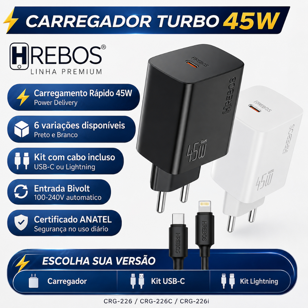 Carregador 45w PD Tipo C USB--C Hrebos H-Charge Turbo Power Delivery Bivolt Certificado ANATEL