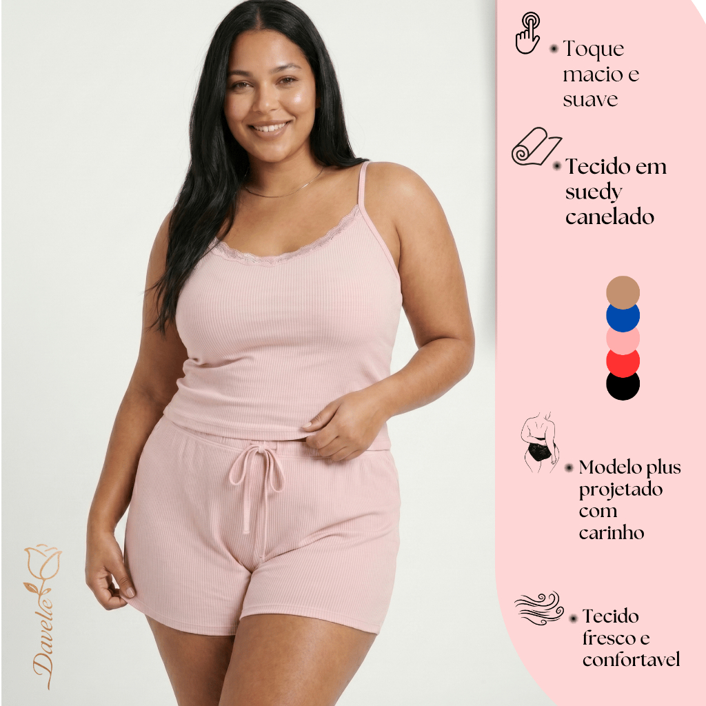 Babydoll Plus Size Feminino Sexy Noite Renda Pijama Conforto Suede Leve Canelado Dormir