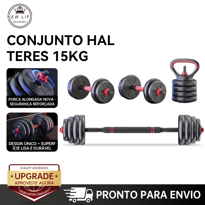 Kit 15kg - Halteres, Anilhas, Barras e kettlebell Ajustáveis - Treino em Casa Musculação