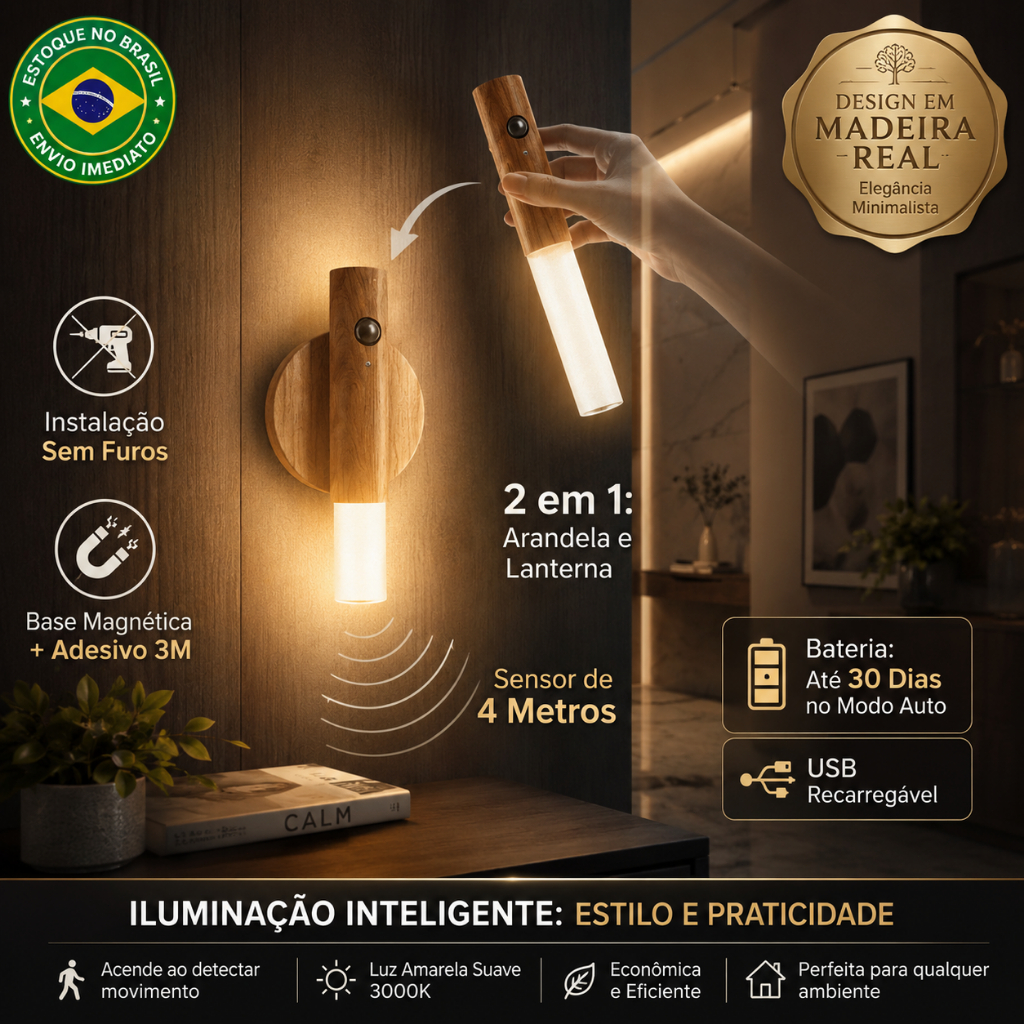 Luminária LED Sensor De Movimento Madeira Magnética Inteligente Sem Fio Recarregável USB Parede Escada Armário Portátil