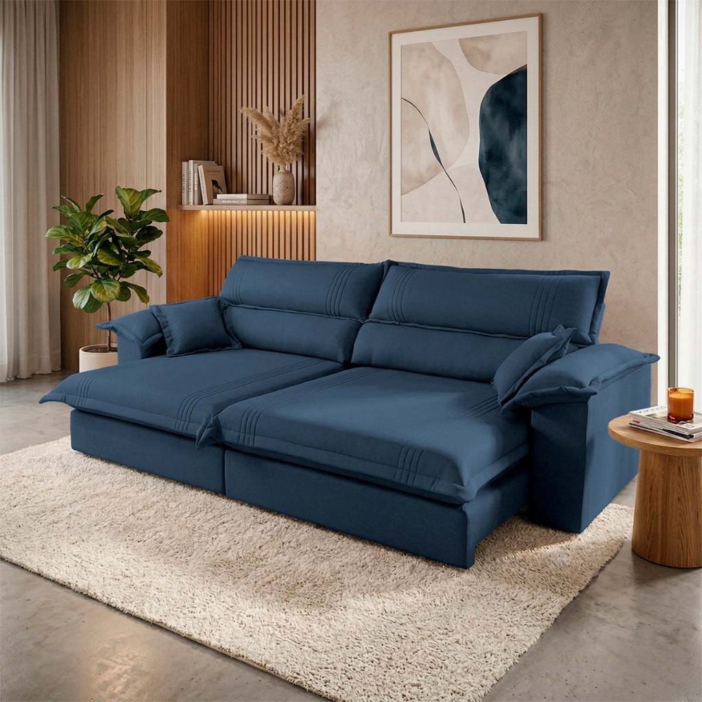 Sofá Retrátil Reclinável 3,00m Nivus Azul c/ Molas Ensacadas - King House