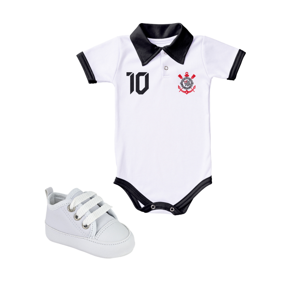 Kit 2 Peças Body Corinthians Branco Oficial Torcida Baby e Tênis Star Bebe Mania 723-01 Branco