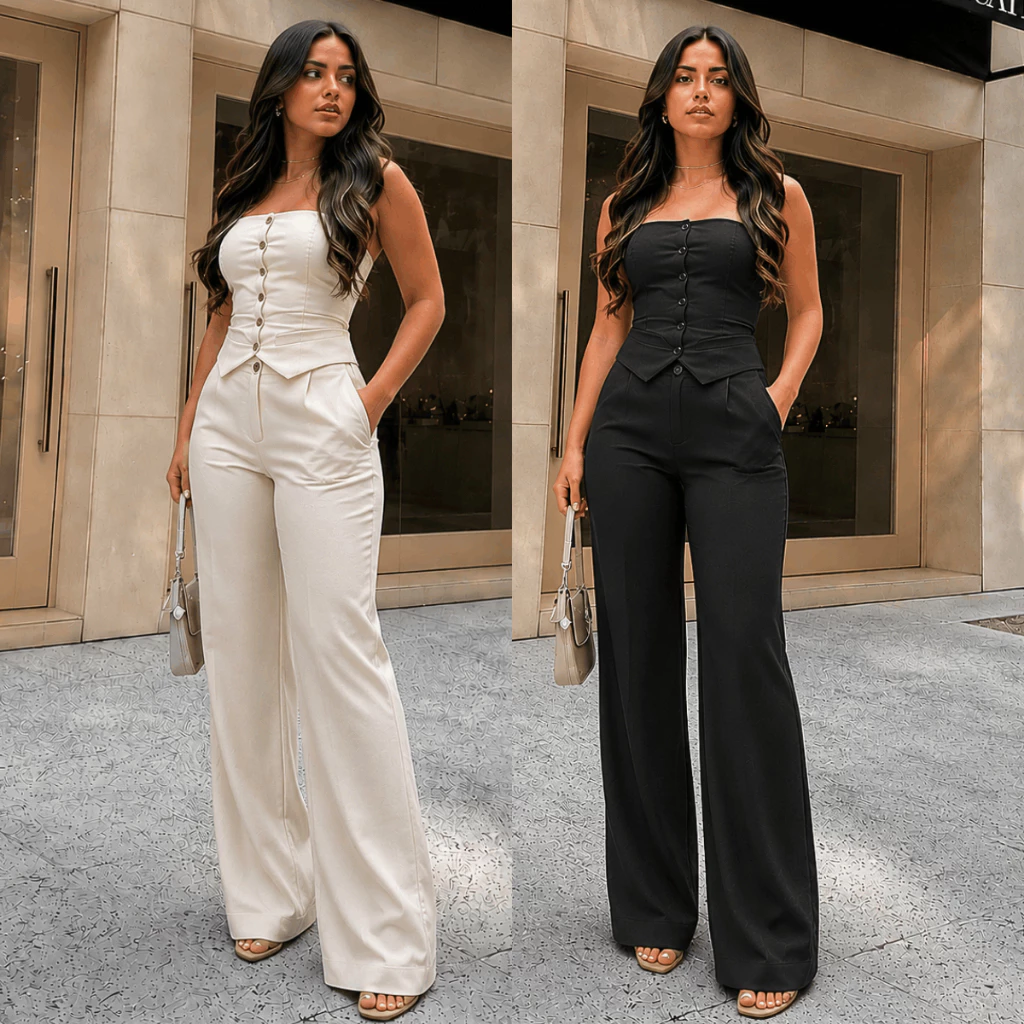 Conjunto Alfaiataria Cropped Tomara que Caia Social Elegante Calça Pantalona Blusa Elástico Lastex Botão Verão Moda — imagem 1