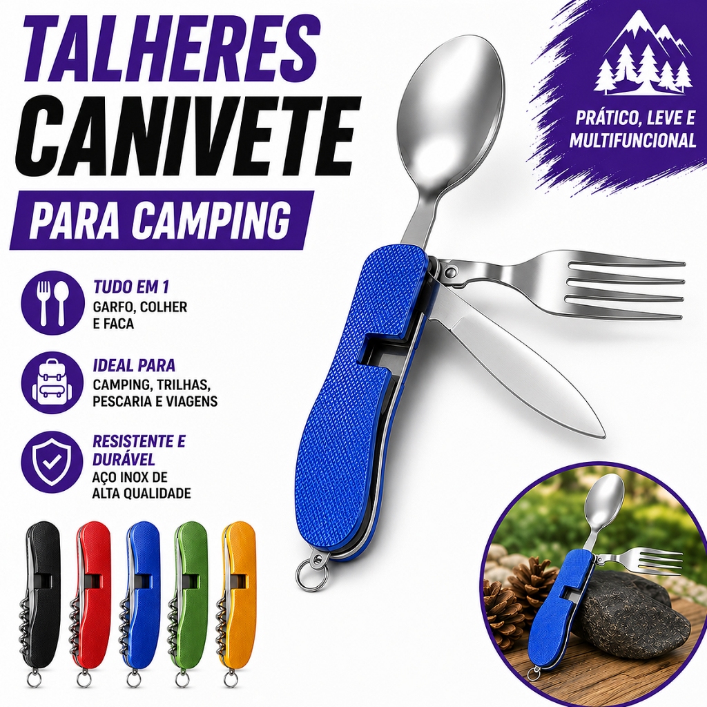 TALHER Canivete Multifuncional Camping Garfo Colher Faca Dobrável Inox Trilha Pesca Viagem