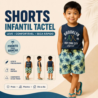 Short Infantil Menino Tactel Reforçado, Bolso Secagem Rápida