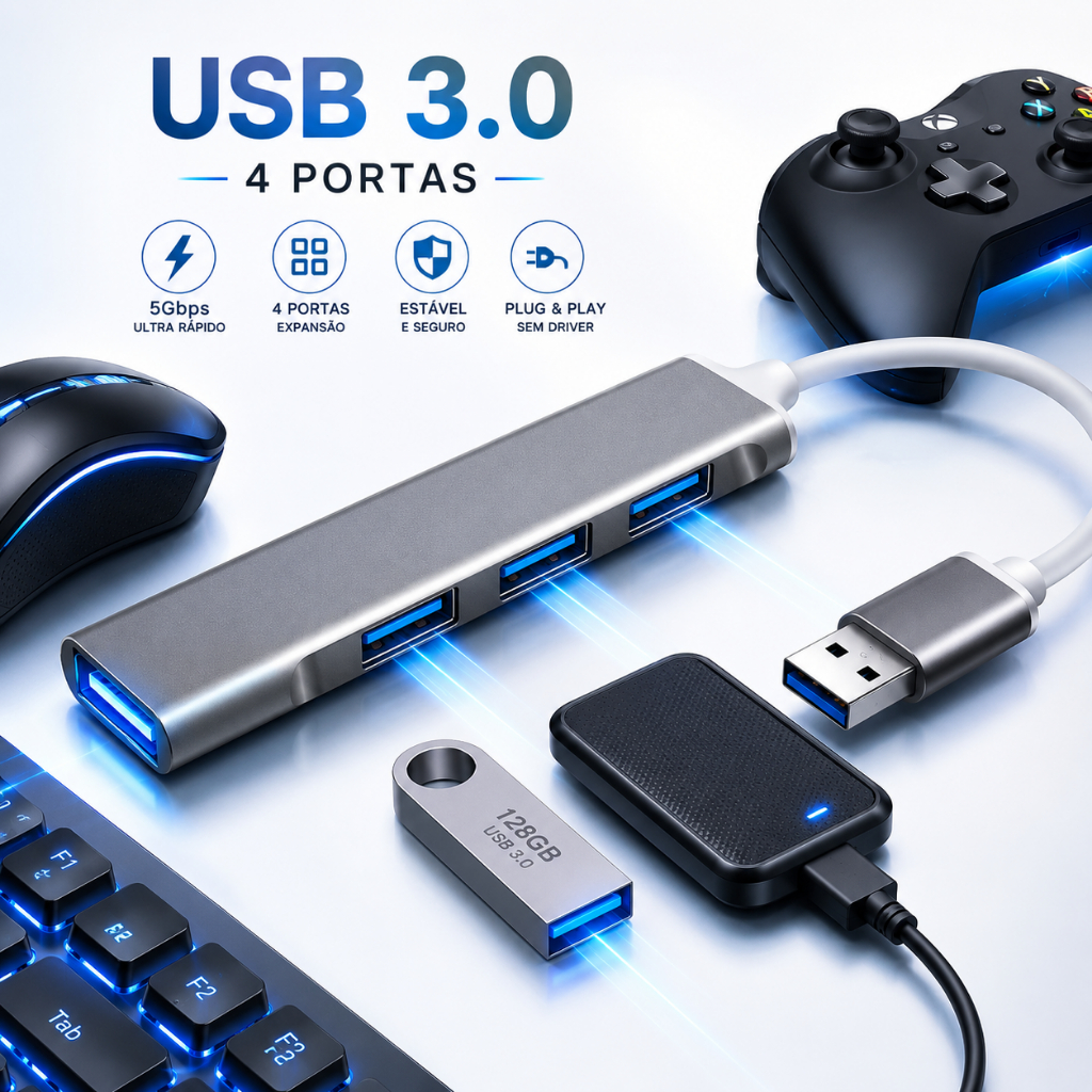 Hub Extensor USB 3.0 4 Portas High Speed – PC/Notebook TV PS Xbox