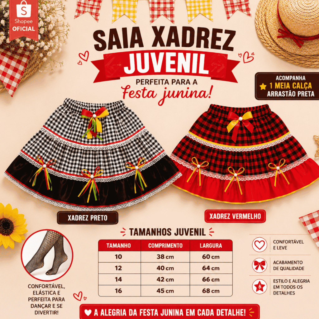 SAIA FESTA JUNINA XADREZ JUVENIL CURTA COM MEIA CALÇA ARRASTAO 10 AO 16