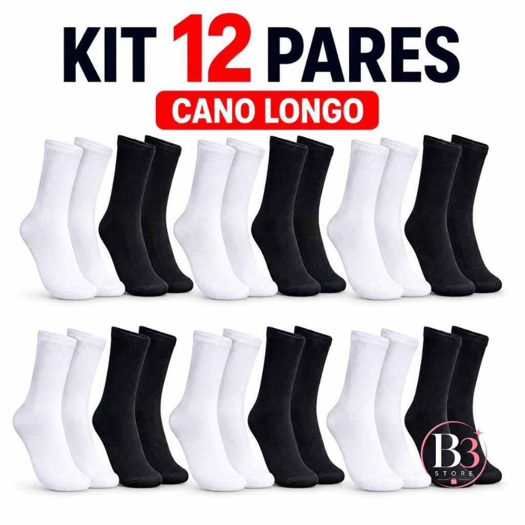 Meia Cano Alto Longo Masculina Kit 12 6 3 Academia Treino