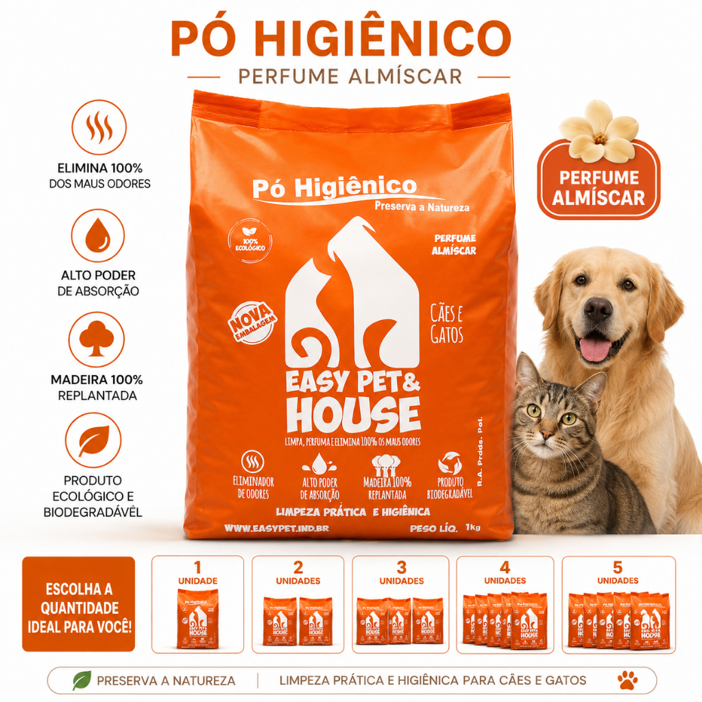 Pó Higiênico Pet Almíscar Elimina Odores para Cães e Gatos 1kg Easy Pet e House