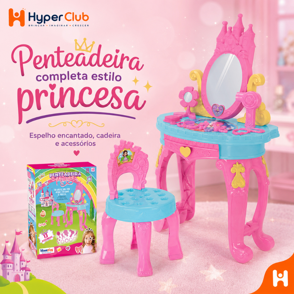 Penteadeira Infantil de Plástico Princesas Brinquedo Penteadeira Encantada + 13 Acessórios