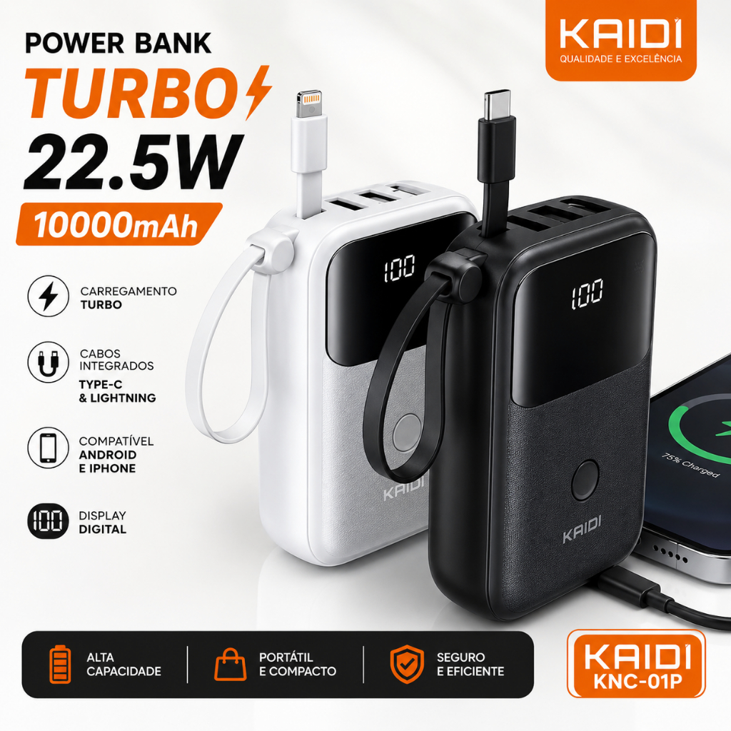 Power Bank Kaidi Turbo 10000mAh 22.5W Carregador Portátil Com Cabos Integrados Type-C Lightning