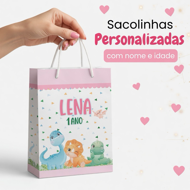 Sacolinha Personalizadas para festa Dinossauro Baby Rosa Menina  - Mimos de festa- Lembrancinha infantil