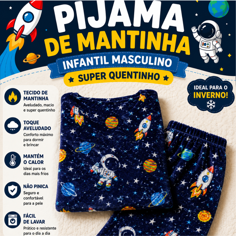 Conjunto Pijama Infantil de Mantinha fleece Peluciado Quentinho Inverno Manga Longa menino