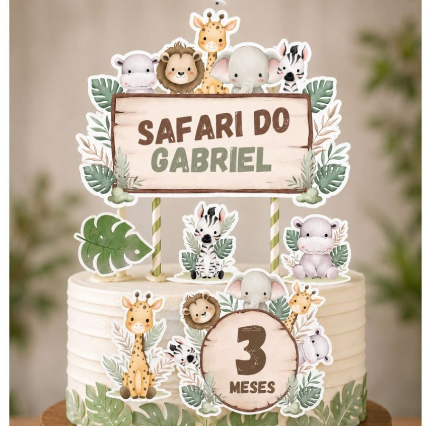 Topo Topper de Bolo Safari Personalizado Mesversário Decoração Festa Aniversário Infantil