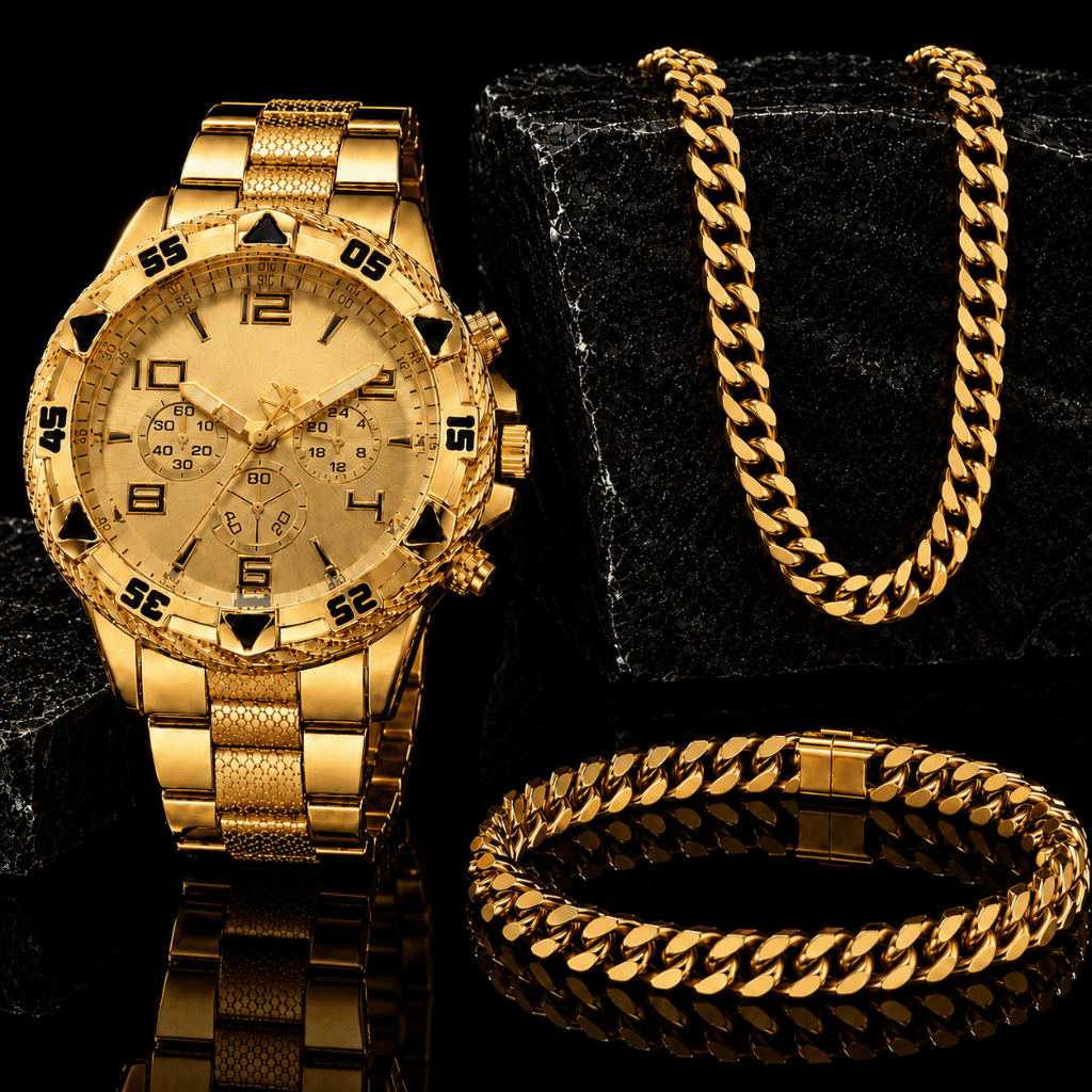 Relógio Masculino Dourado + Cordão + Pulseira + Colar Aço Inox Corrente Analógico Quartz Luxo Inoxidável Kit