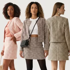 Conjunto Feminino Tweed Casaqueto Cropped e Saia Curta Social Elegante Inverno Trabalho